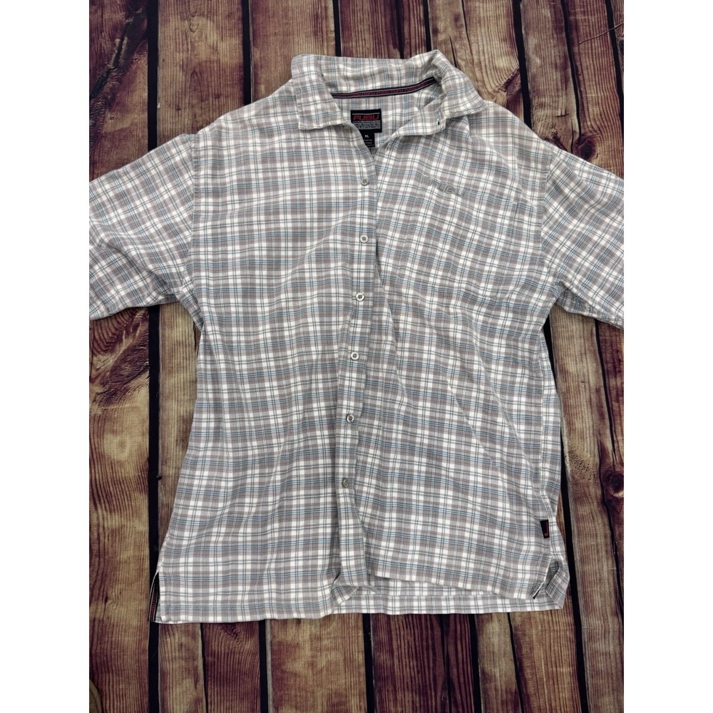FUBU Men's Plaid Gray White Blue Cotton Woven Button-Up Shirt Short Sleeve XL